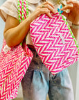 Handmade Block Print Quilted Wash Bag | Neon Pink - Bombaby