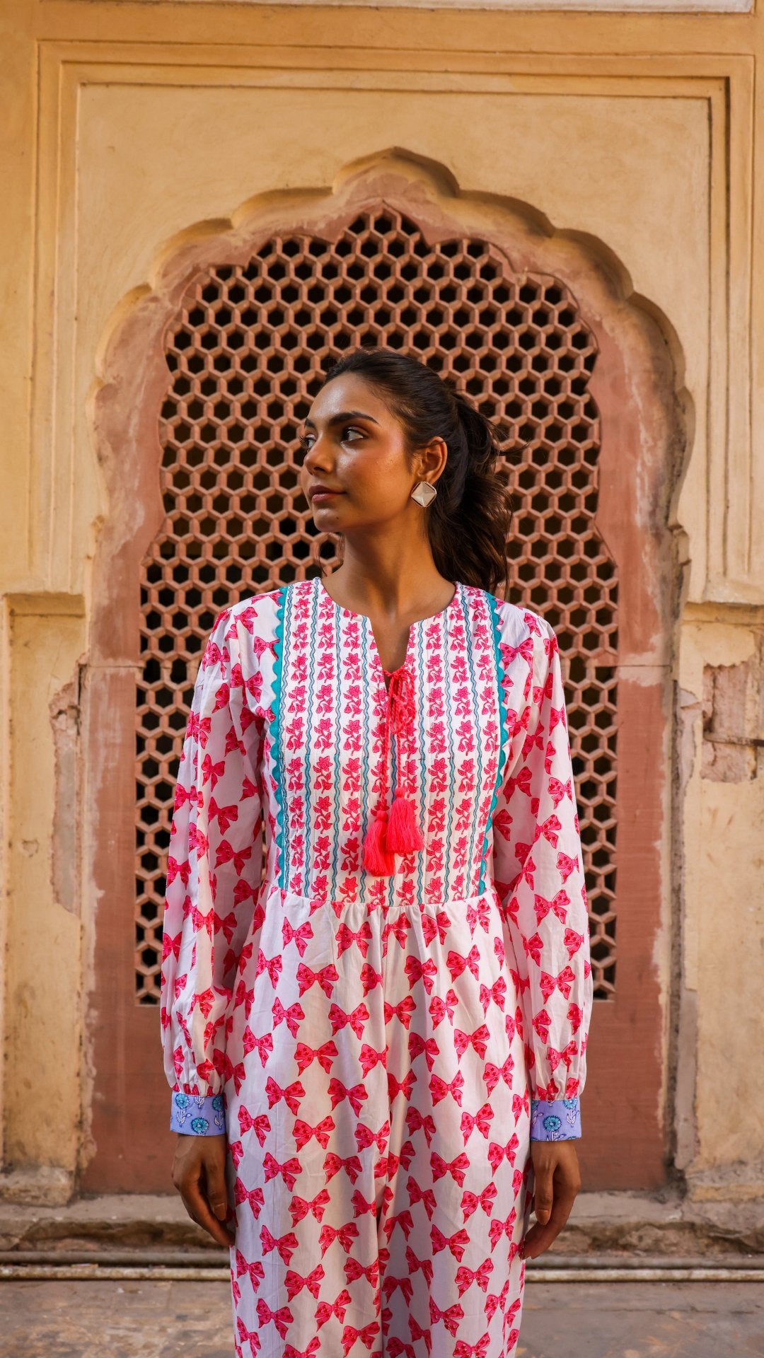 Quilted Jumpsuit | Neon Pink Bows - Bombaby