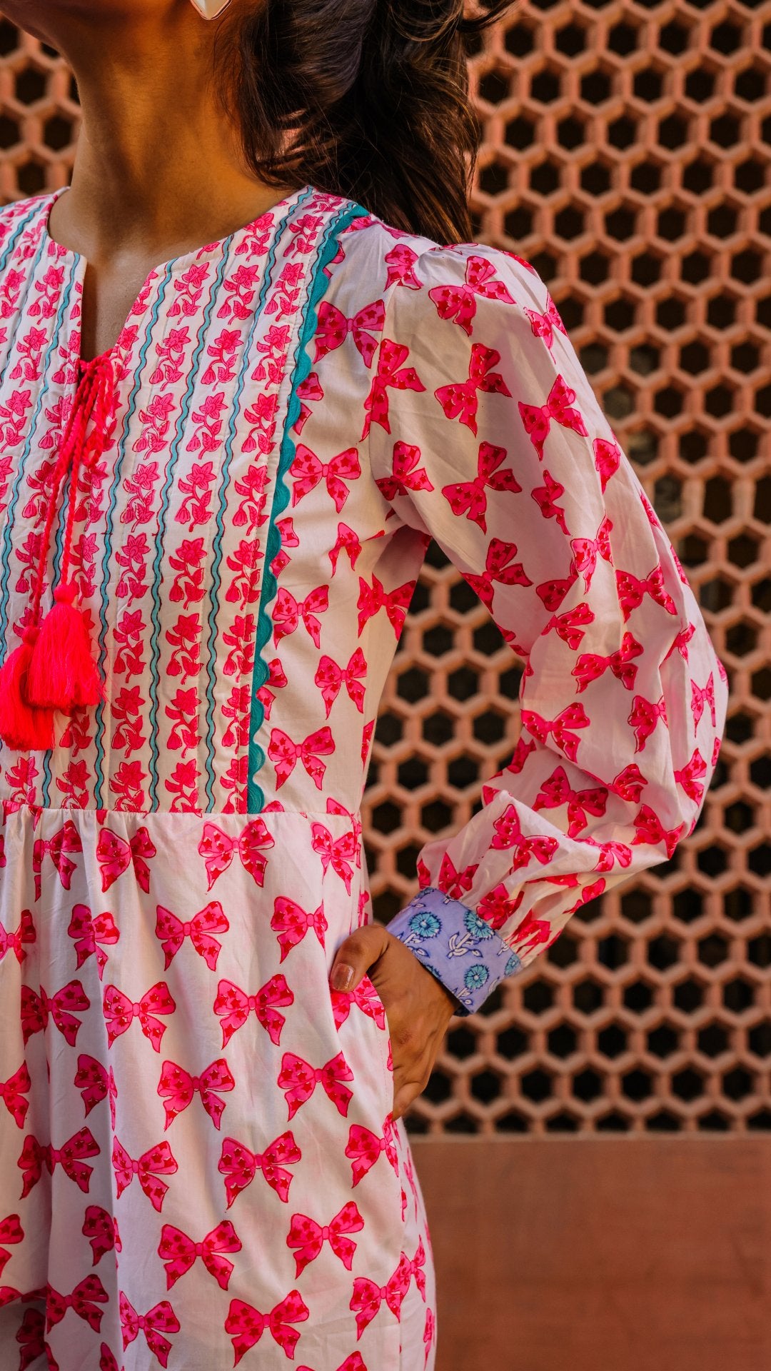 Quilted Jumpsuit | Neon Pink Bows - Bombaby