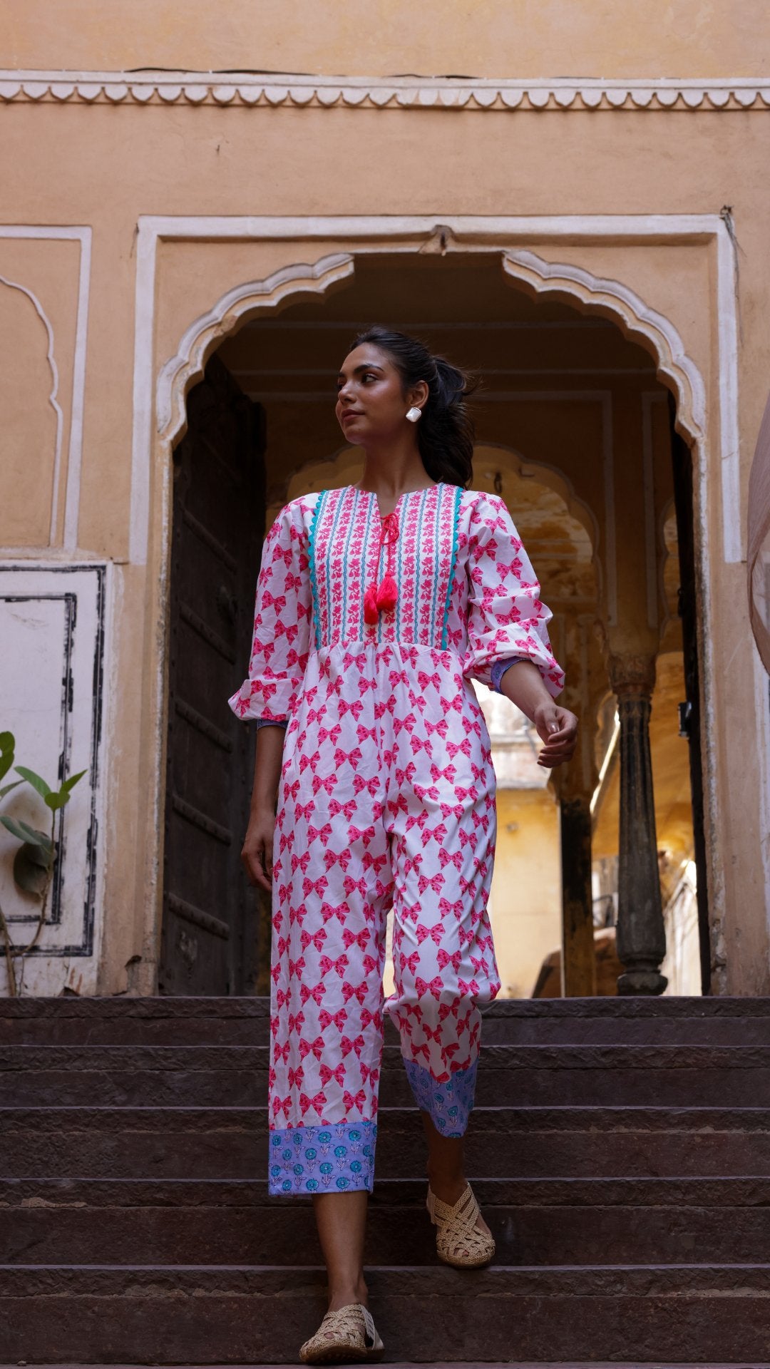 Quilted Jumpsuit | Neon Pink Bows - Bombaby