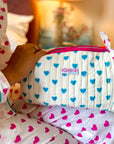 Handmade Block Print Quilted Wash Bag | Blue Hearts - Bombaby