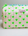 Handmade Block Print Quilted Wash Bag | Neon Hearts - Bombaby
