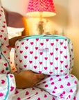 Handmade Block Print Quilted Wash Bag | Pink Hearts - Bombaby