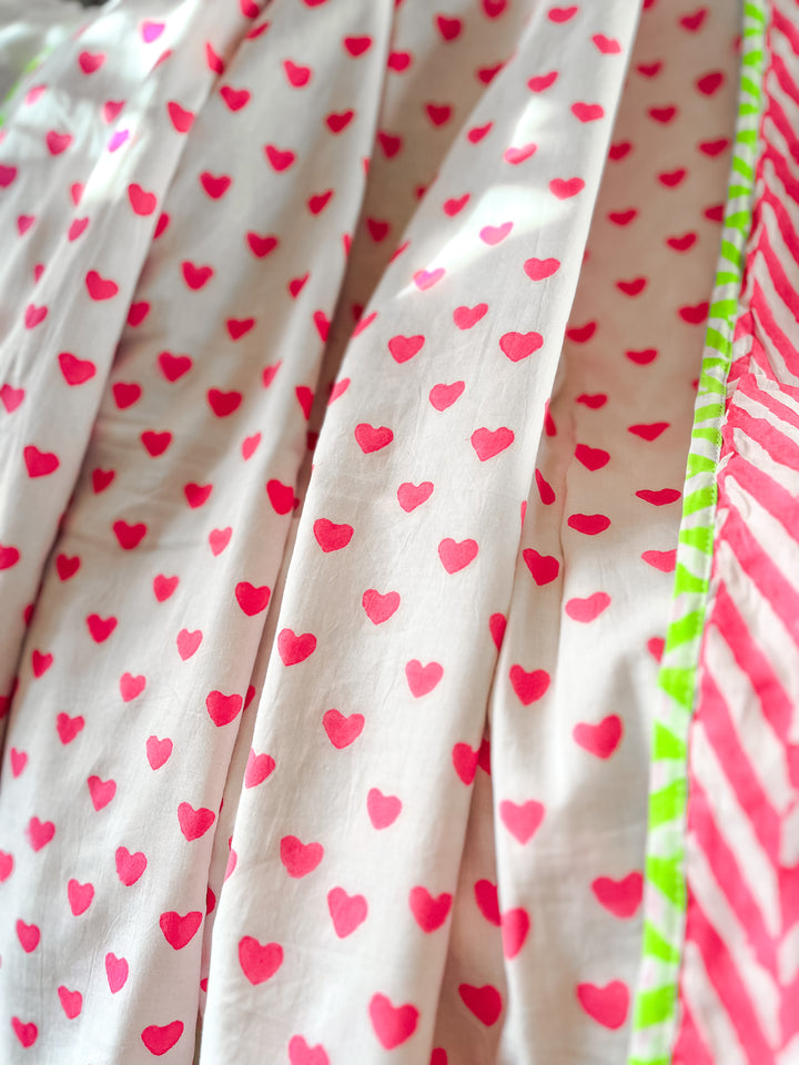 Handmade Block Print Blanket | Pink Hearts XL
