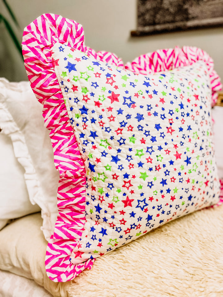 Handmade Quilted Ruffle Cushion | Neon Stars