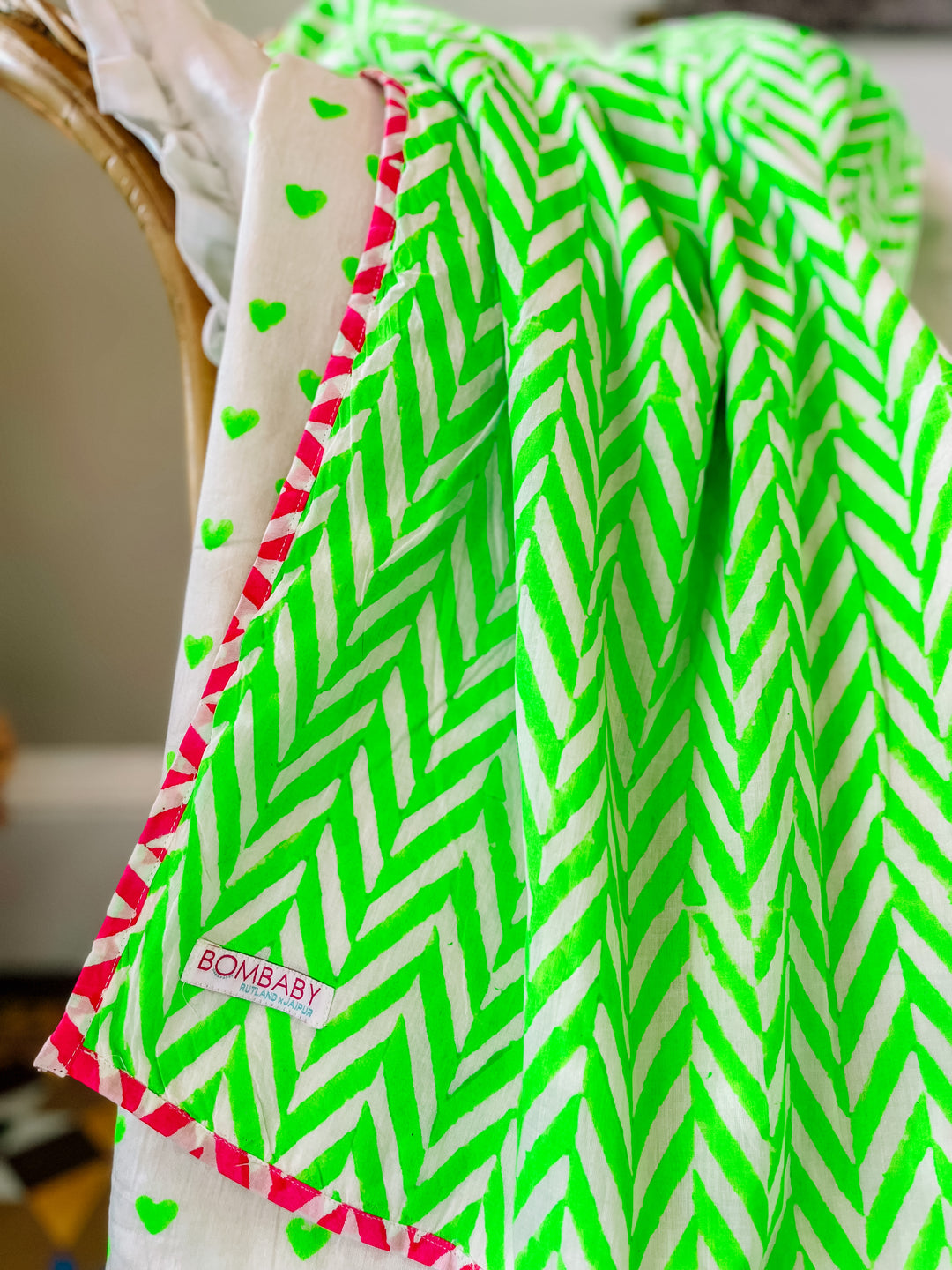 Neon Green Hearts | Block Print Blanket