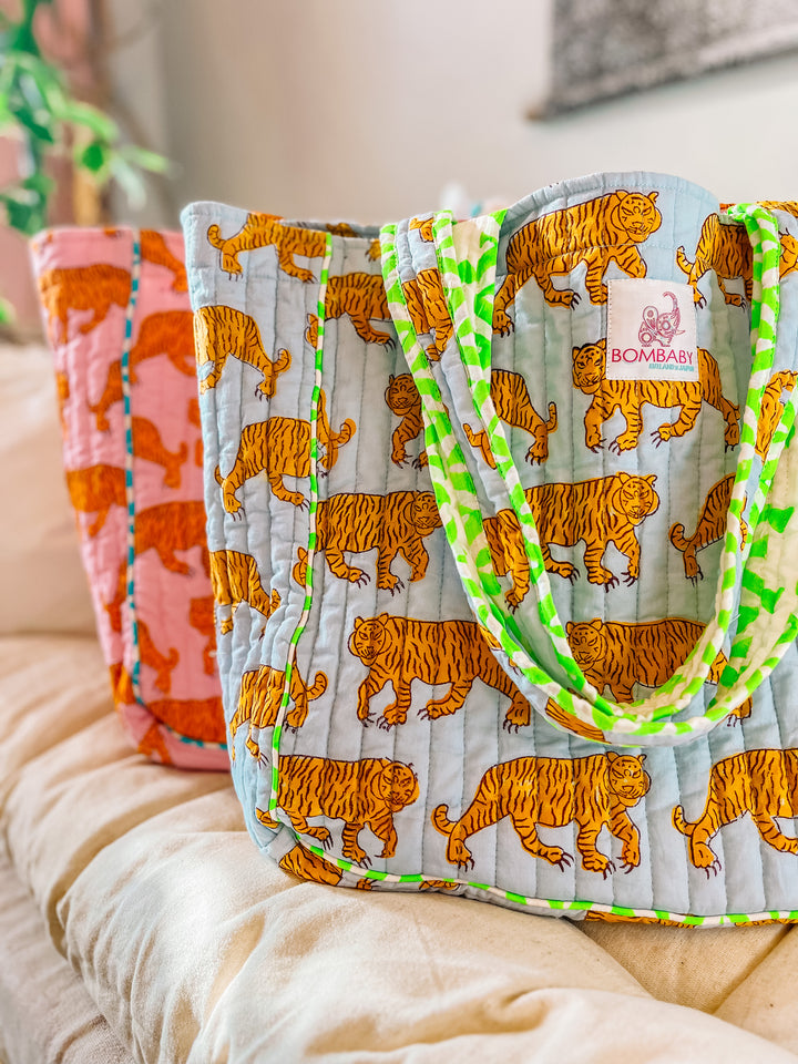 Handmade Quilted Tote Bag | Blue Tiger