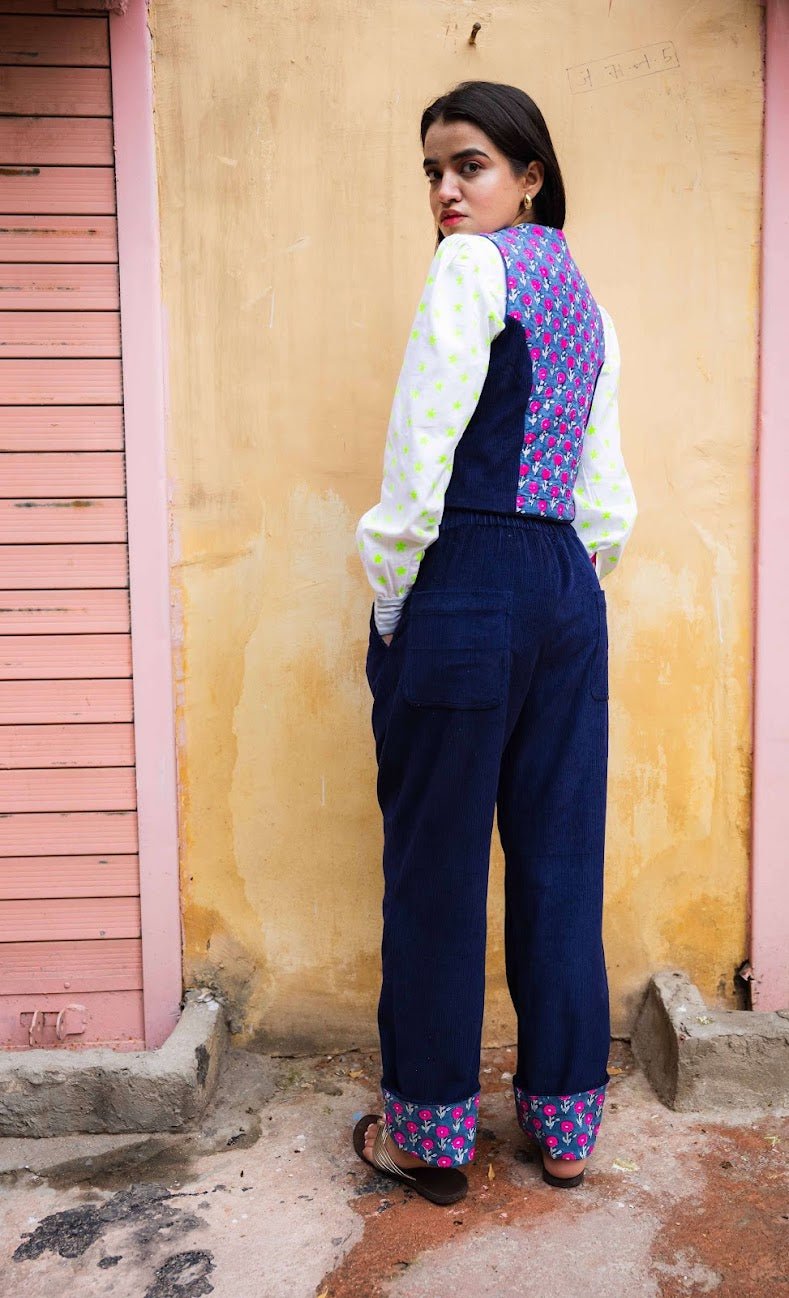 Cord Block Print Waistcoat | Midnight Navy - Bombaby