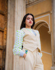 Cord Block Print Waistcoat | Pearl - Bombaby