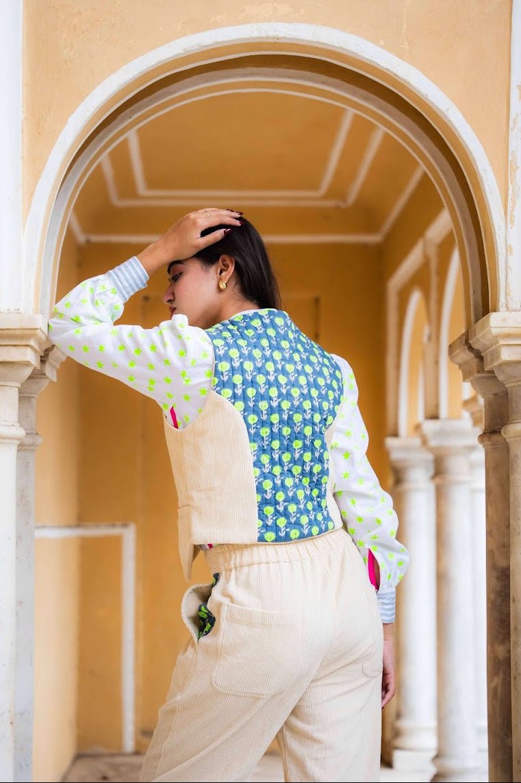 Cord Block Print Waistcoat | Pearl - Bombaby
