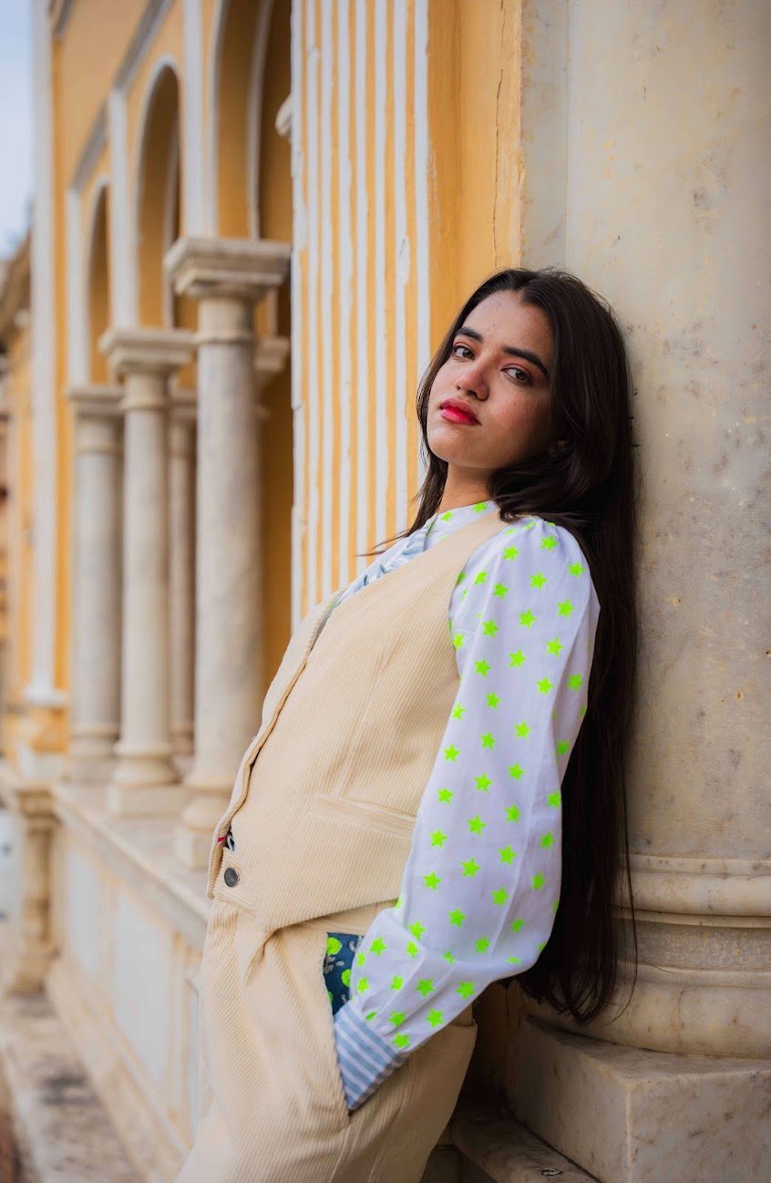 Cord Block Print Waistcoat | Pearl - Bombaby