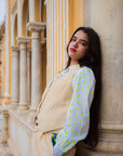 Cord Block Print Waistcoat | Pearl - Bombaby