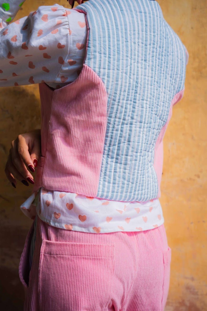 Cord Block Print Waistcoat | Pink City - Bombaby