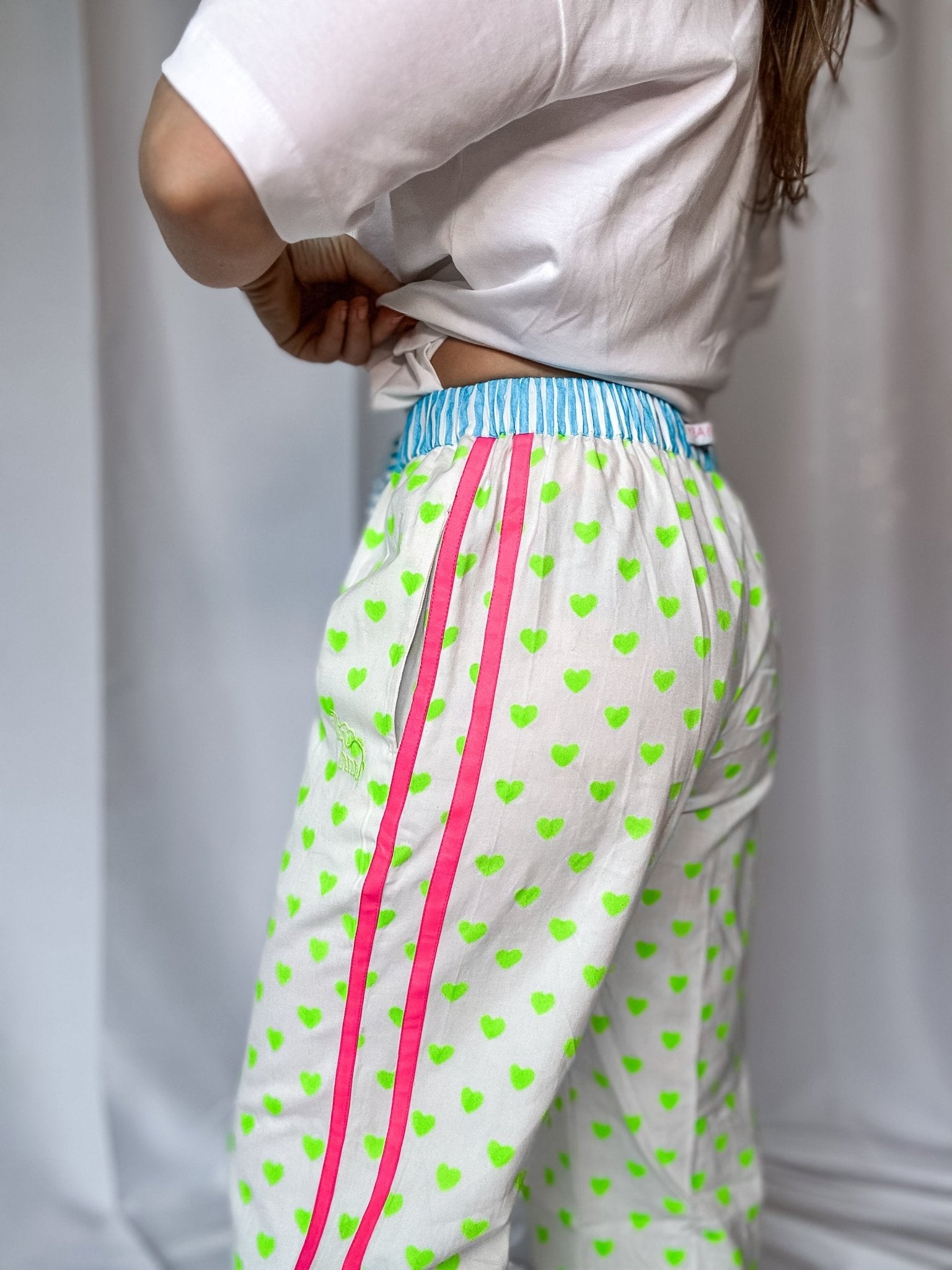 Customised Wide - Leg Pants | Neon Green Hearts - Bombaby