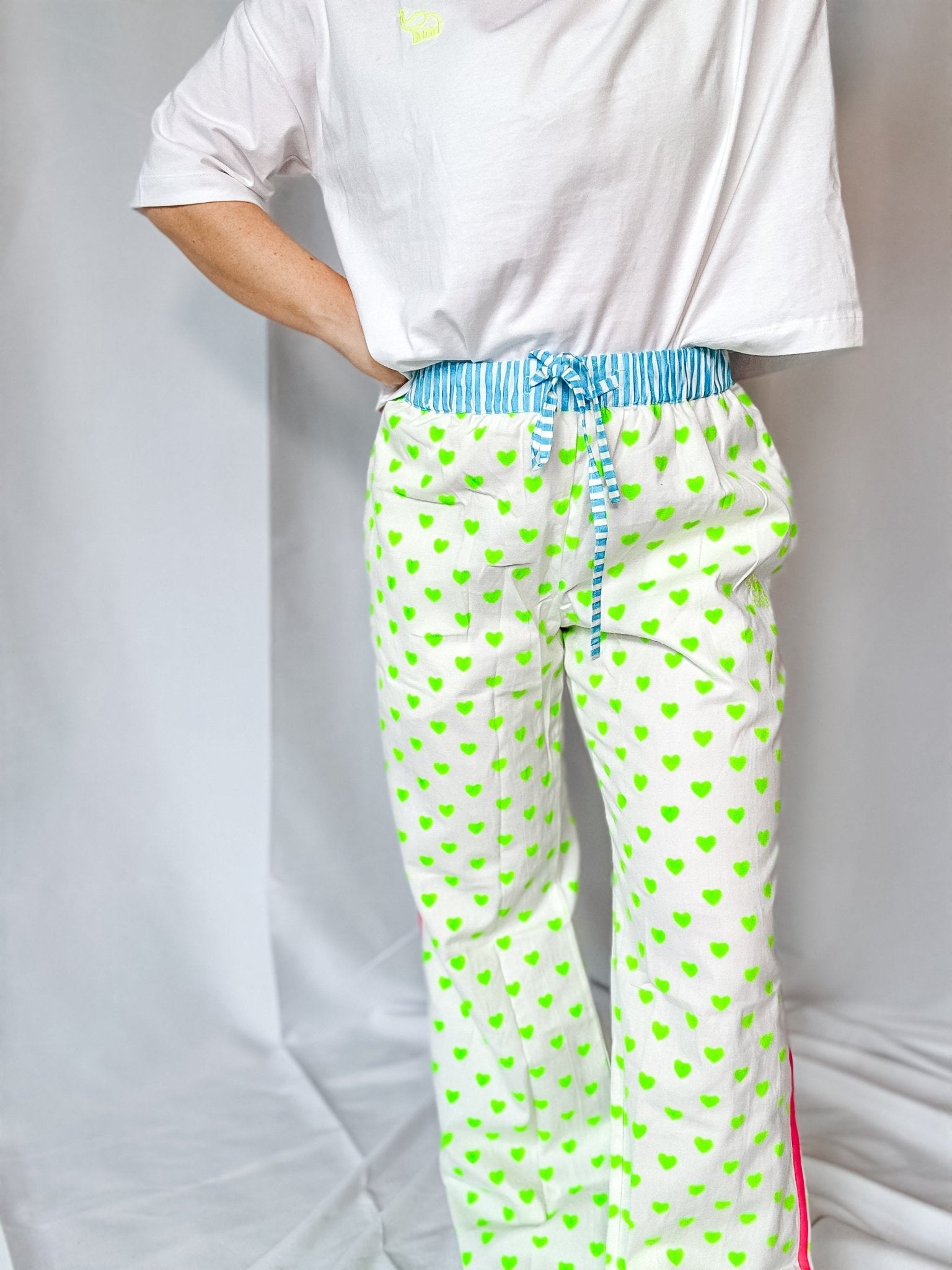 Customised Wide - Leg Pants | Neon Green Hearts - Bombaby