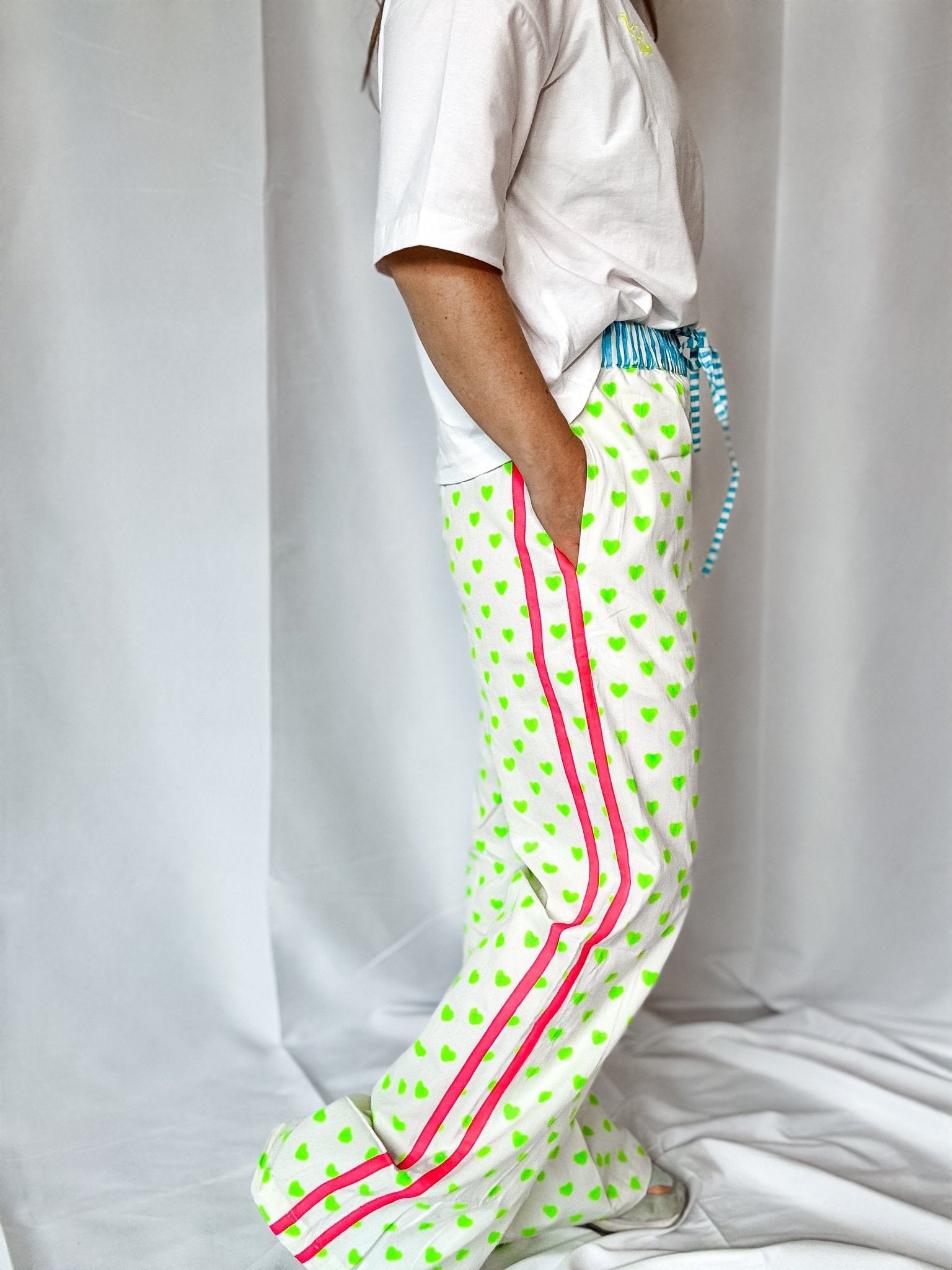 Customised Wide - Leg Pants | Neon Green Hearts - Bombaby
