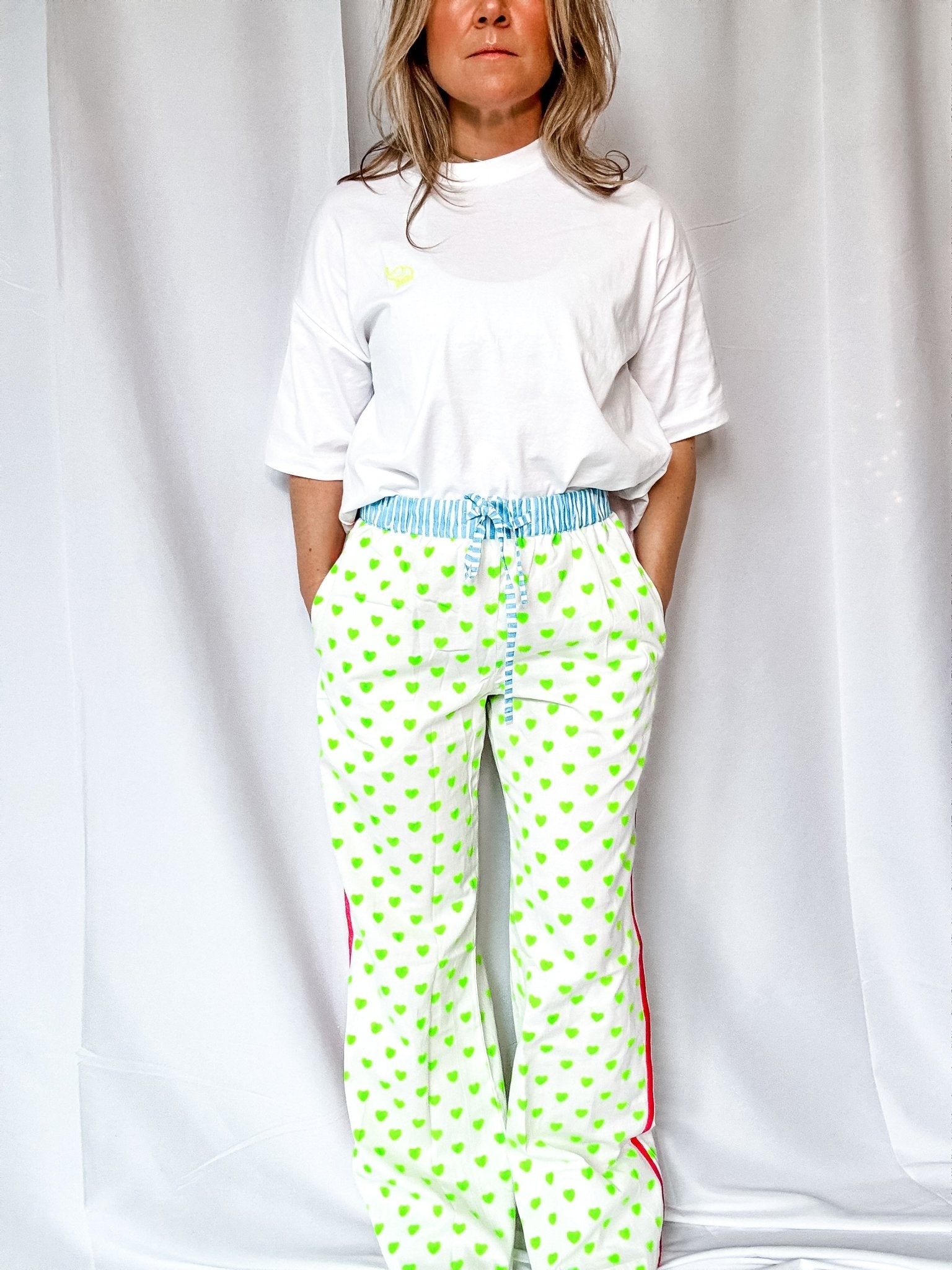 Customised Wide - Leg Pants | Neon Green Hearts - Bombaby