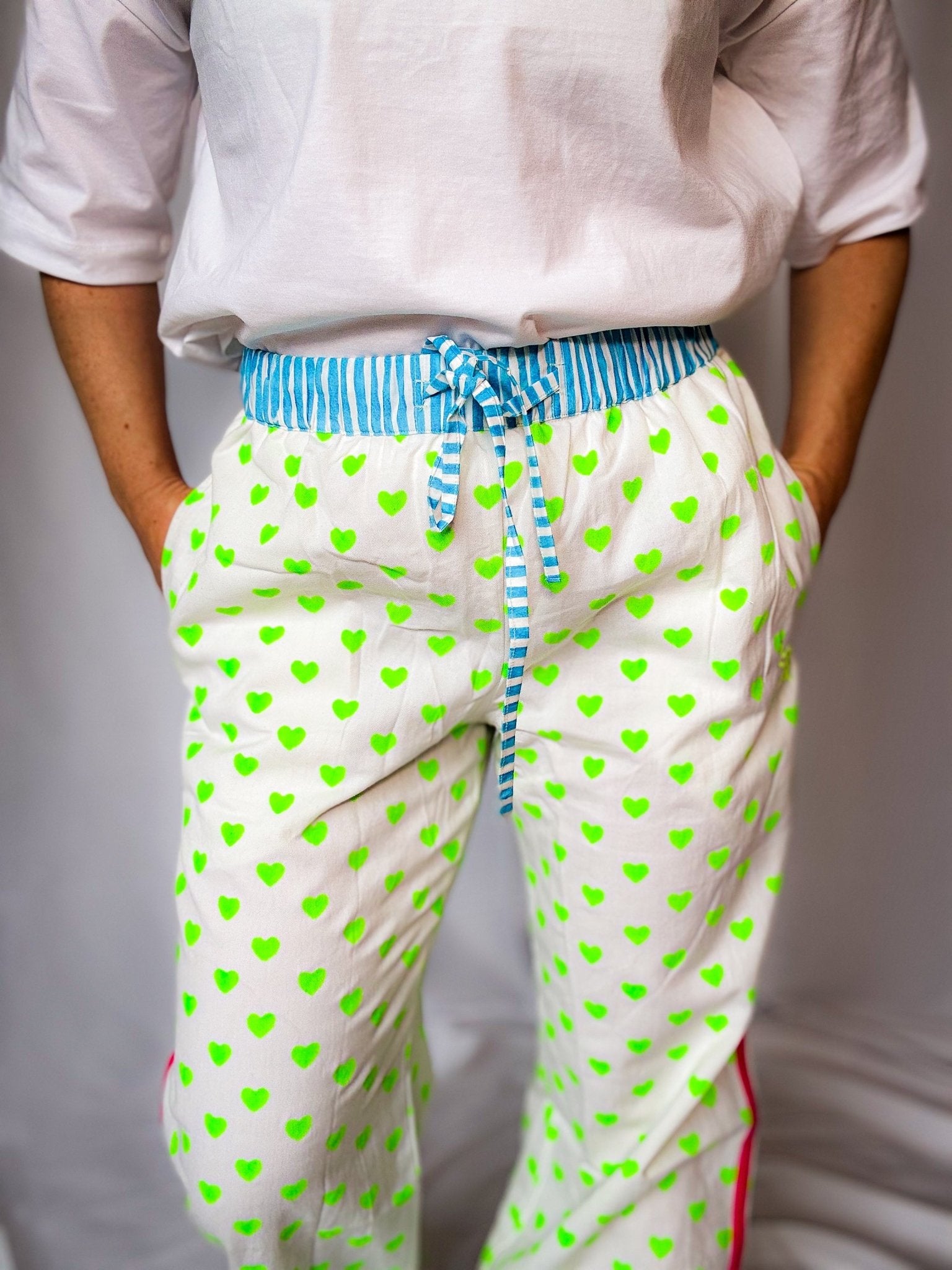 Customised Wide - Leg Pants | Neon Green Hearts - Bombaby