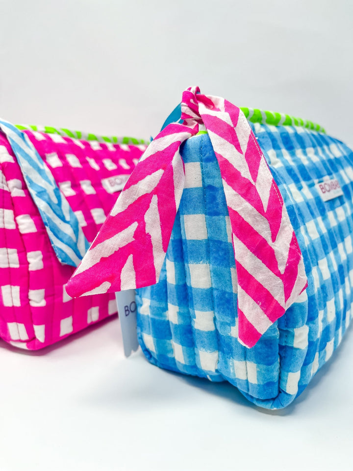 Handmade Block Print Quilted Wash Bag | Malibu Blue Check - Bombaby