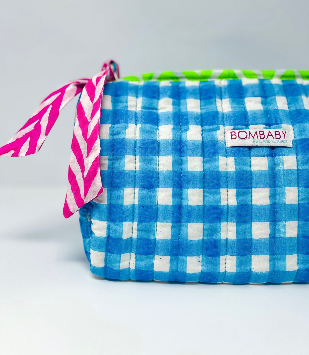 Handmade Block Print Quilted Wash Bag | Malibu Blue Check - Bombaby