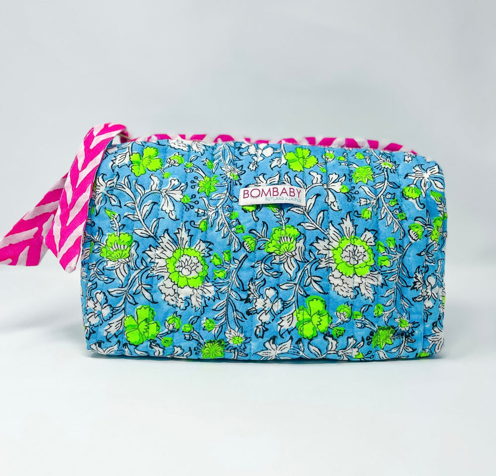 Handmade Block Print Quilted Wash Bag | Meadow - Bombaby