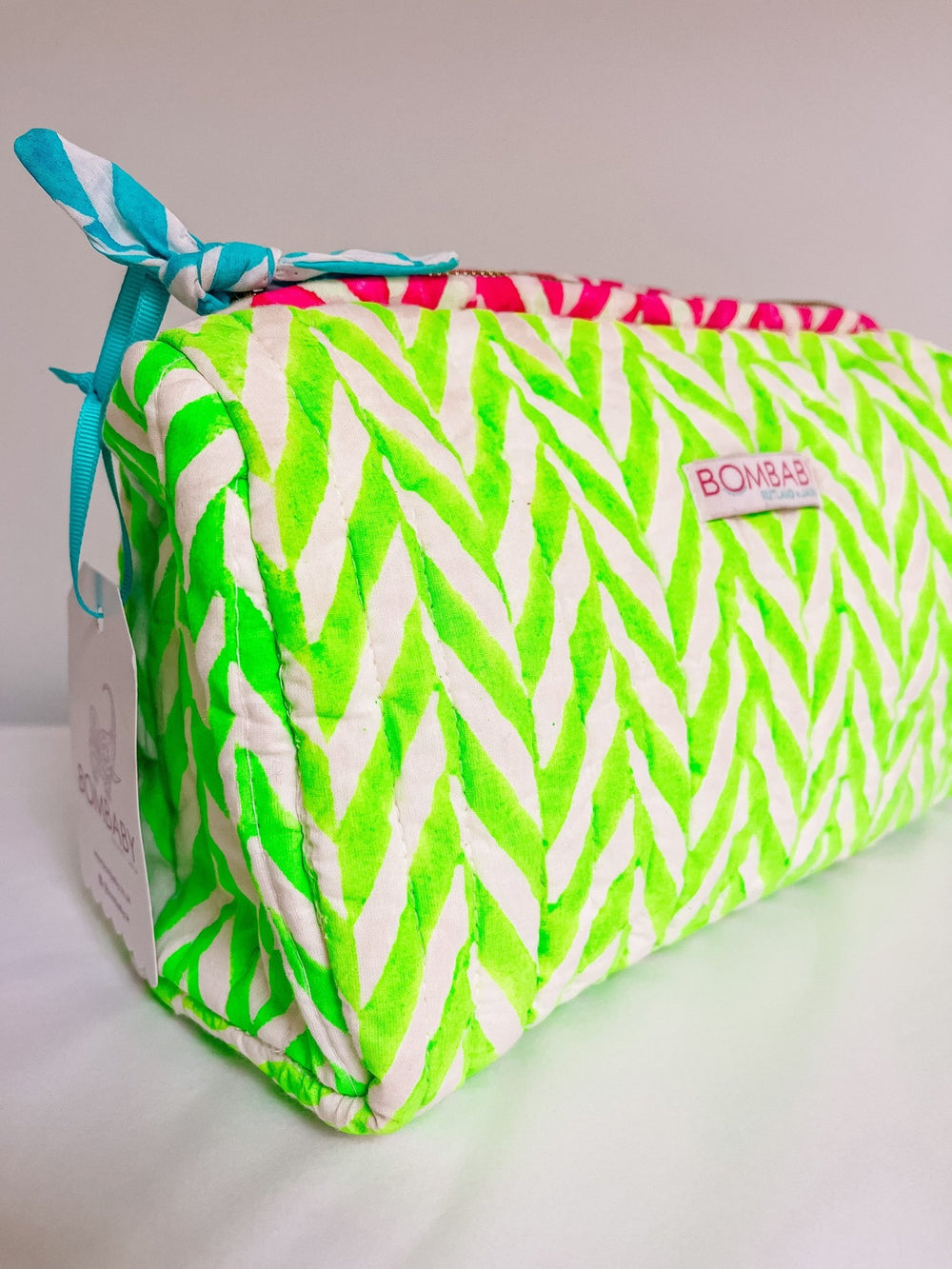 Handmade Block Print Quilted Wash Bag | Neon Green - Bombaby