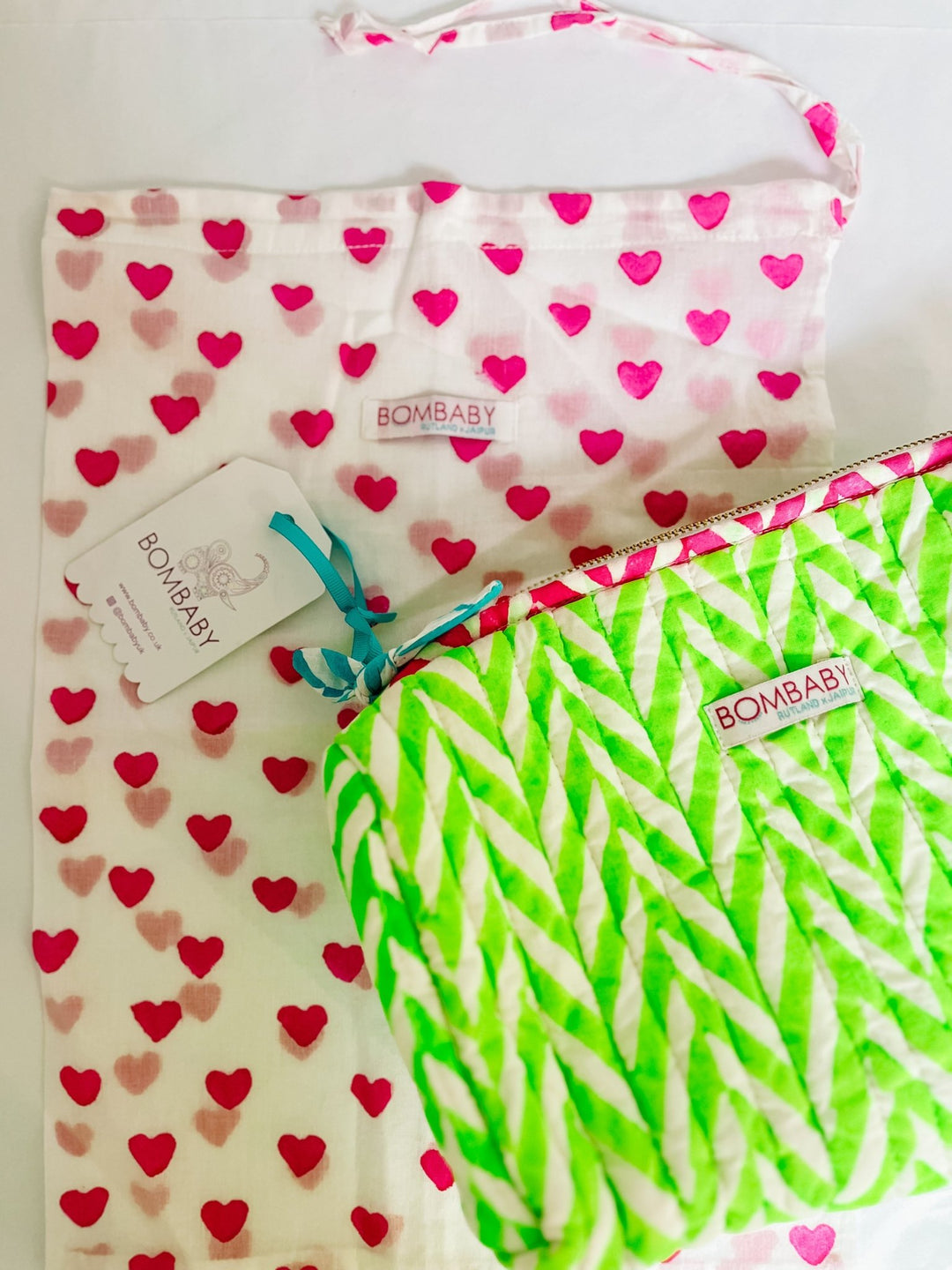 Handmade Block Print Quilted Wash Bag | Neon Green - Bombaby