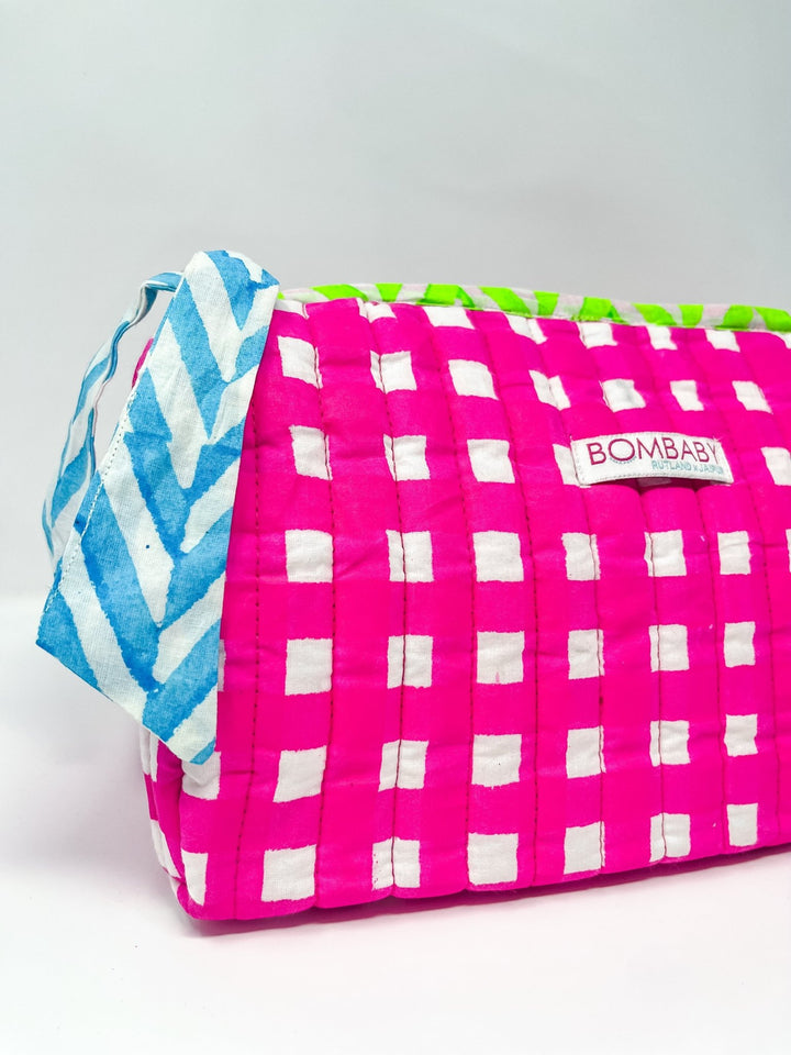 Handmade Block Print Quilted Wash Bag | Neon Pink Check - Bombaby