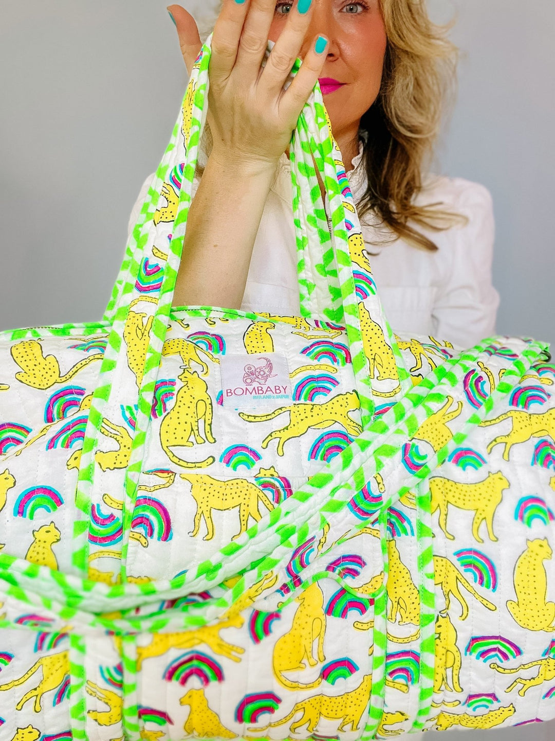 Handmade Quilted Weekend Bag | Neon Rainbow Leopard - Bombaby