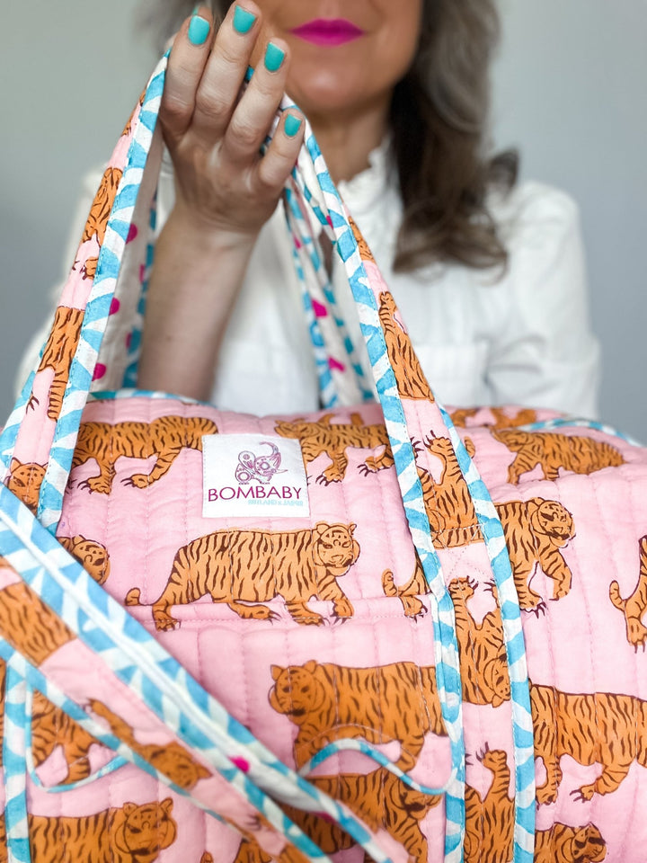 Handmade Quilted Weekend Bag | Pink Indian Tiger - Bombaby