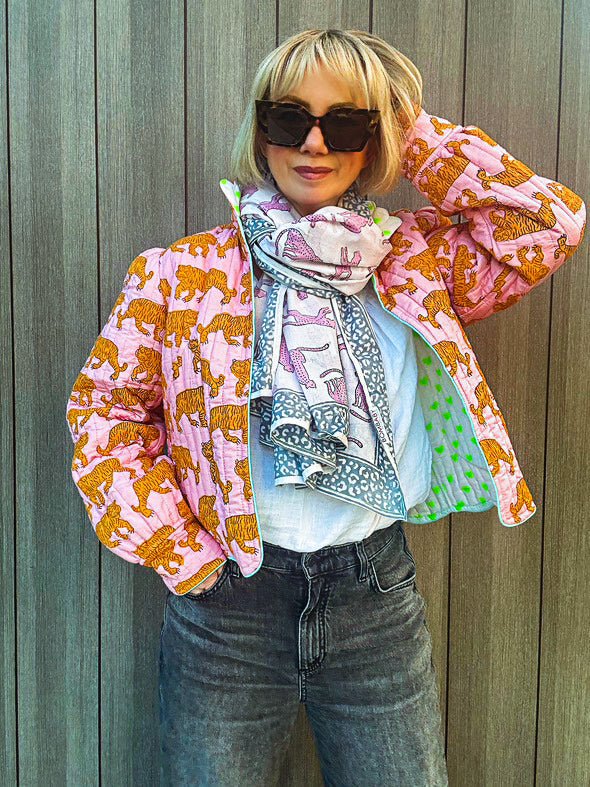 Quilted Block Print Jacket | Pink Tiger – Bombaby