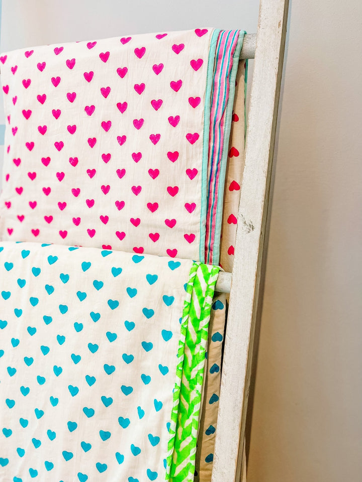 Handmade Block Print Blanket | Blue Neon Hearts - Bombaby