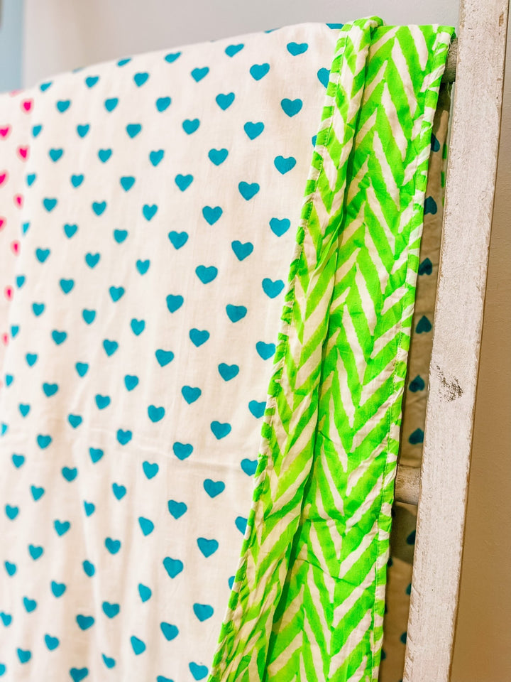 Handmade Block Print Blanket | Blue Neon Hearts - Bombaby