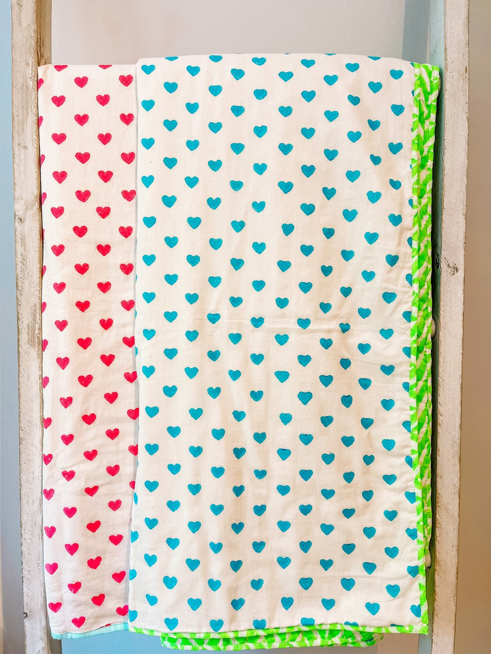 Handmade Block Print Blanket | Blue Neon Hearts - Bombaby