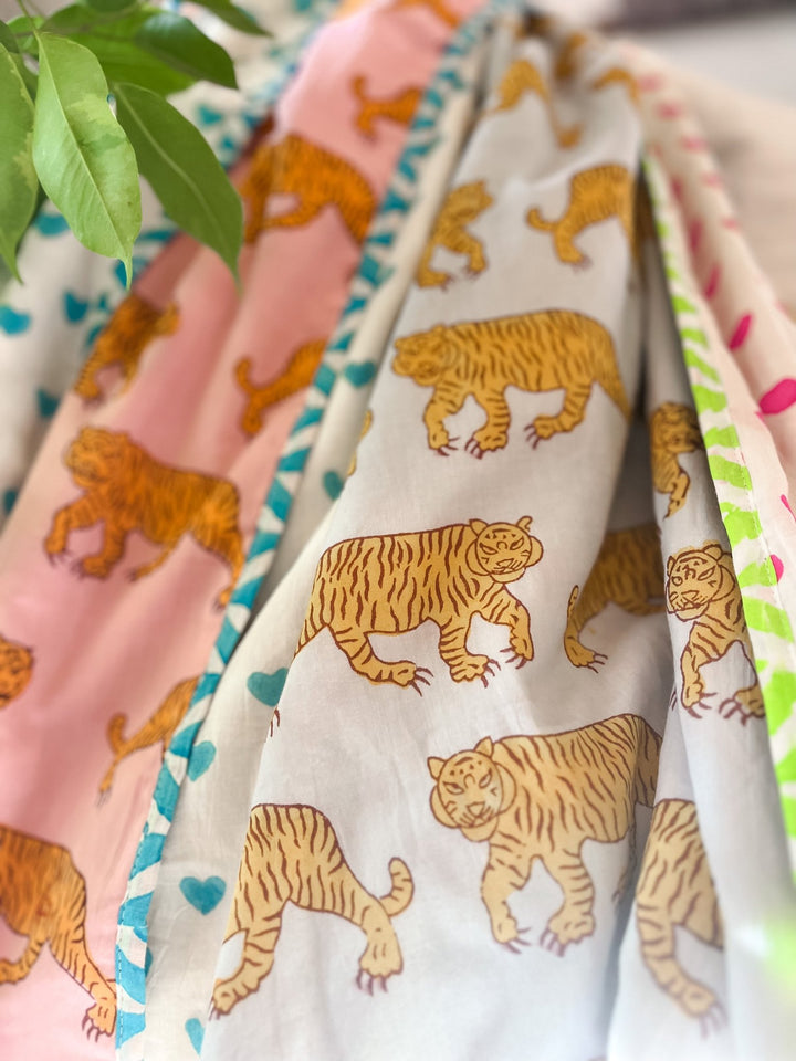 Handmade Block Print Blanket | Blue Tiger - Bombaby