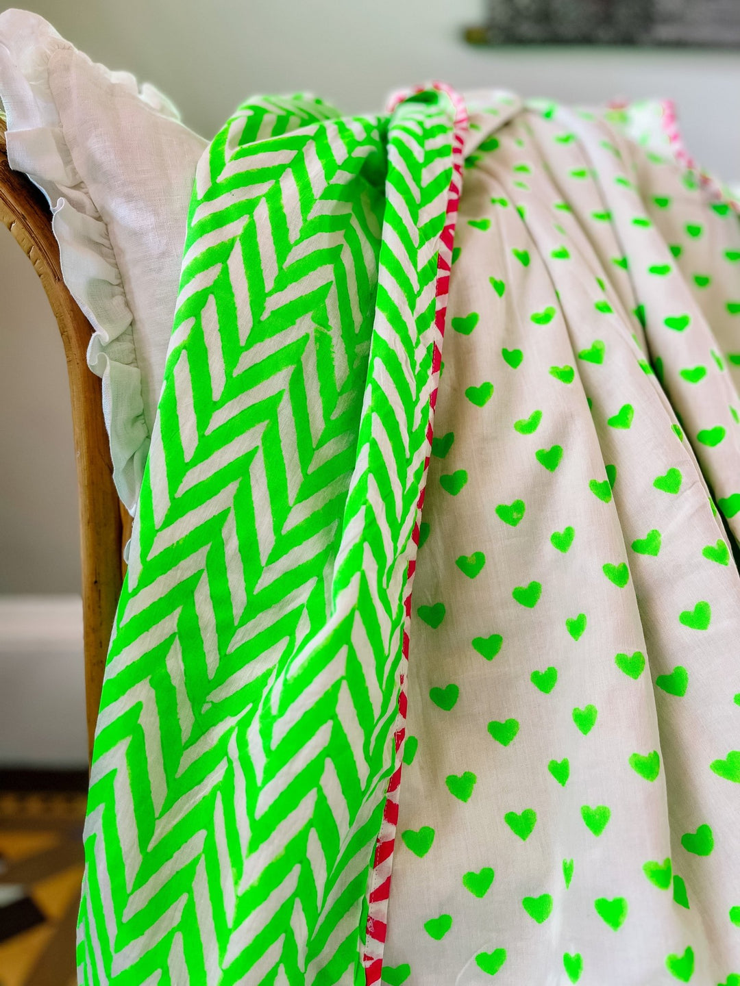 Handmade Block Print Blanket | Neon Hearts - Bombaby