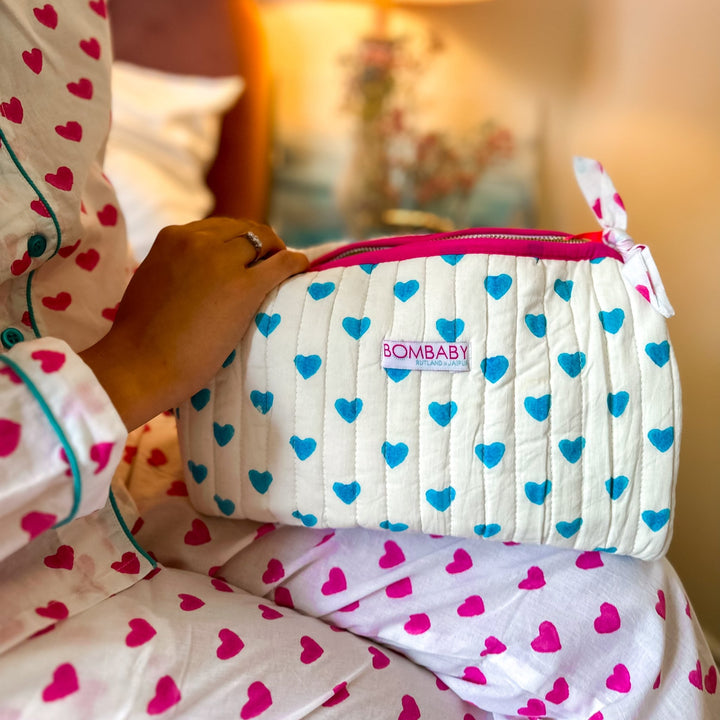 Handmade Block Print Quilted Wash Bag | Blue Hearts - Bombaby