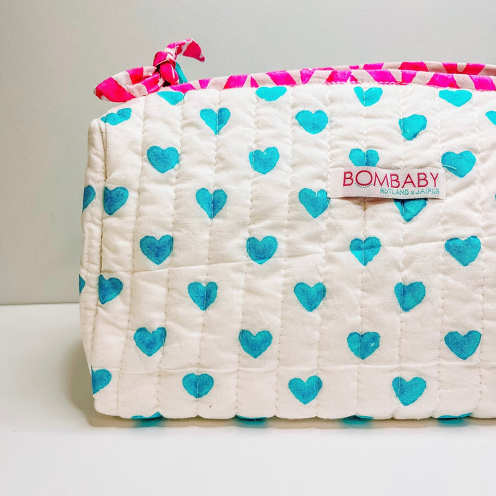 Handmade Block Print Quilted Wash Bag | Blue Hearts - Bombaby