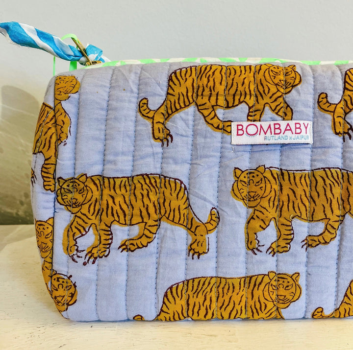 Handmade Block Print Quilted Wash Bag | Blue Tiger - Bombaby