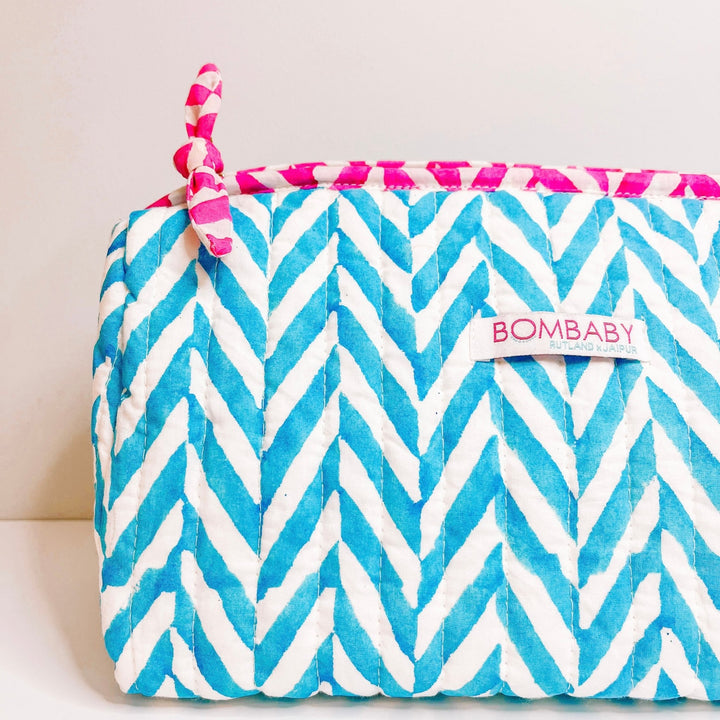 Handmade Block Print Quilted Wash Bag | Brilliant Blue - Bombaby