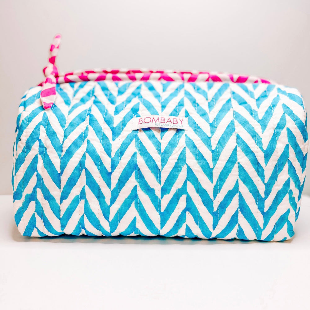 Handmade Block Print Quilted Wash Bag | Brilliant Blue - Bombaby