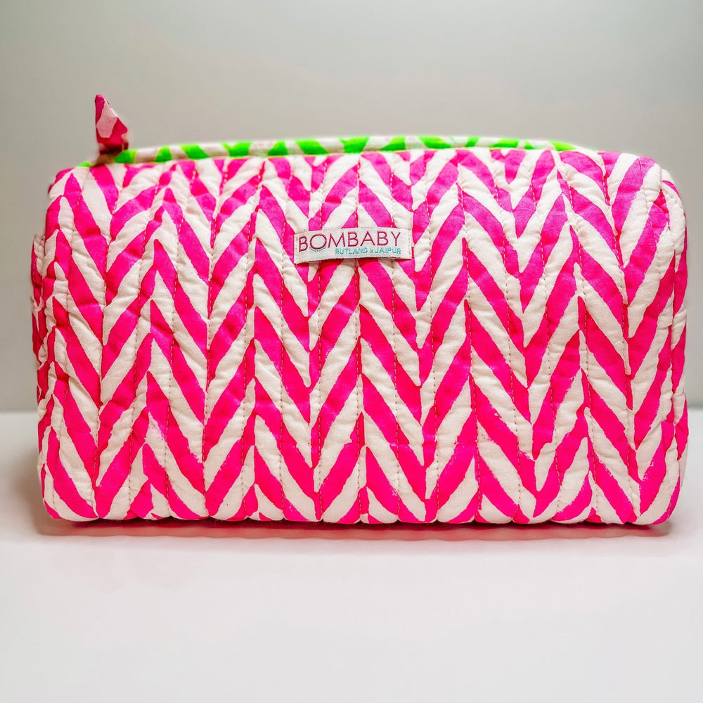 Handmade Block Print Quilted Wash Bag | Hot Pink - Bombaby