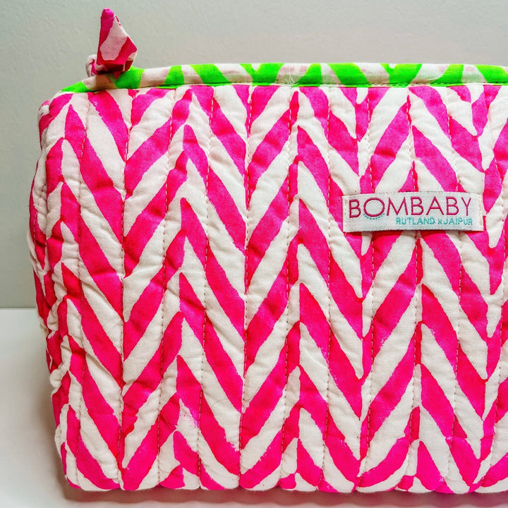Handmade Block Print Quilted Wash Bag | Hot Pink - Bombaby