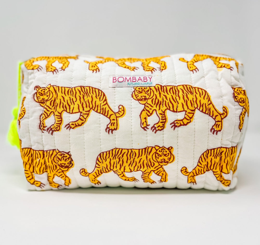 Handmade Block Print Quilted Wash Bag - Indian Tiger - Bombaby