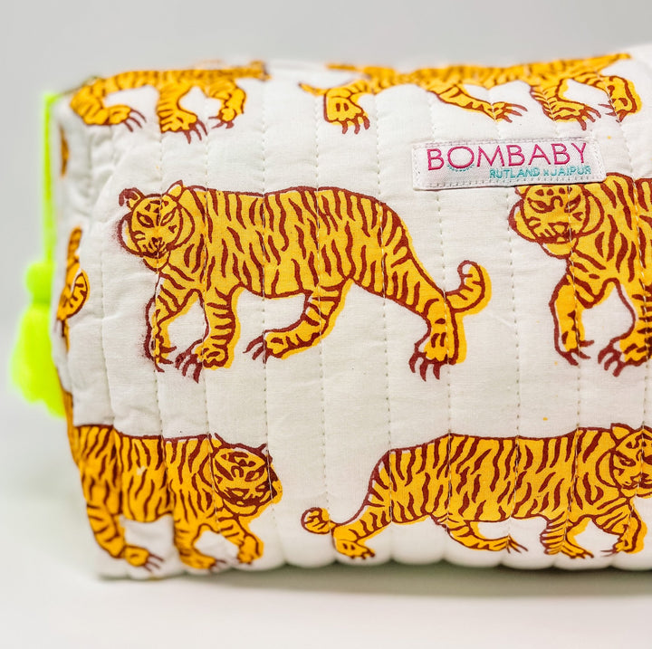 Handmade Block Print Quilted Wash Bag - Indian Tiger - Bombaby