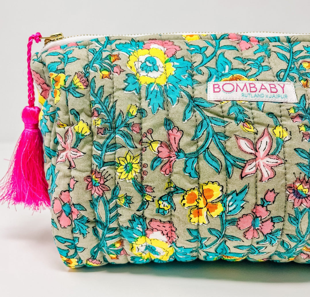 Handmade Block Print Quilted Wash Bag - Lata Floral - Bombaby