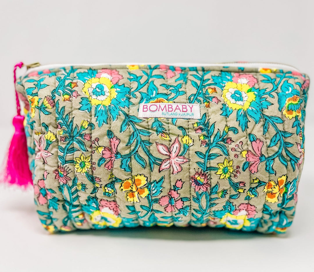 Handmade Block Print Quilted Wash Bag - Lata Floral - Bombaby