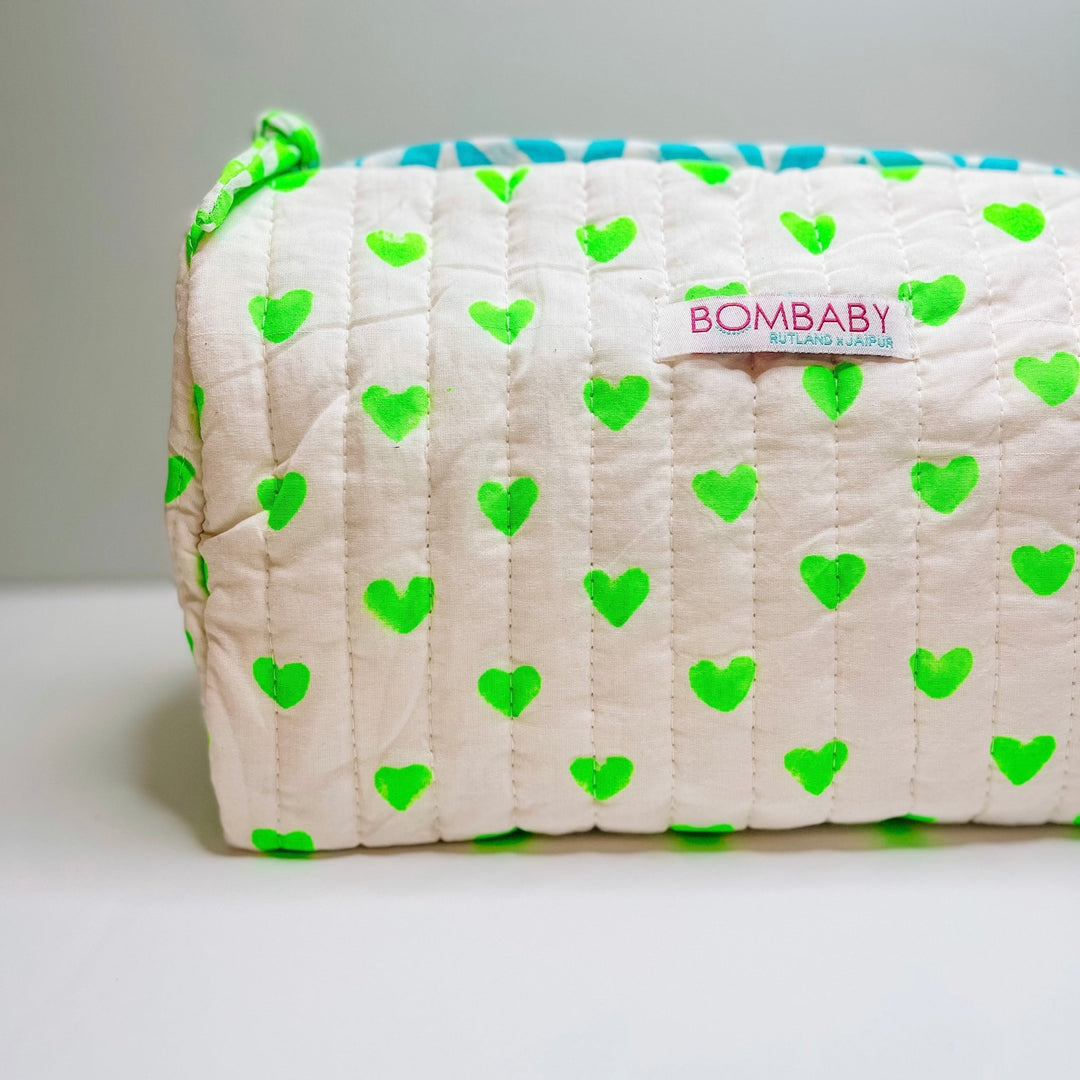 Handmade Block Print Quilted Wash Bag | Neon Hearts - Bombaby