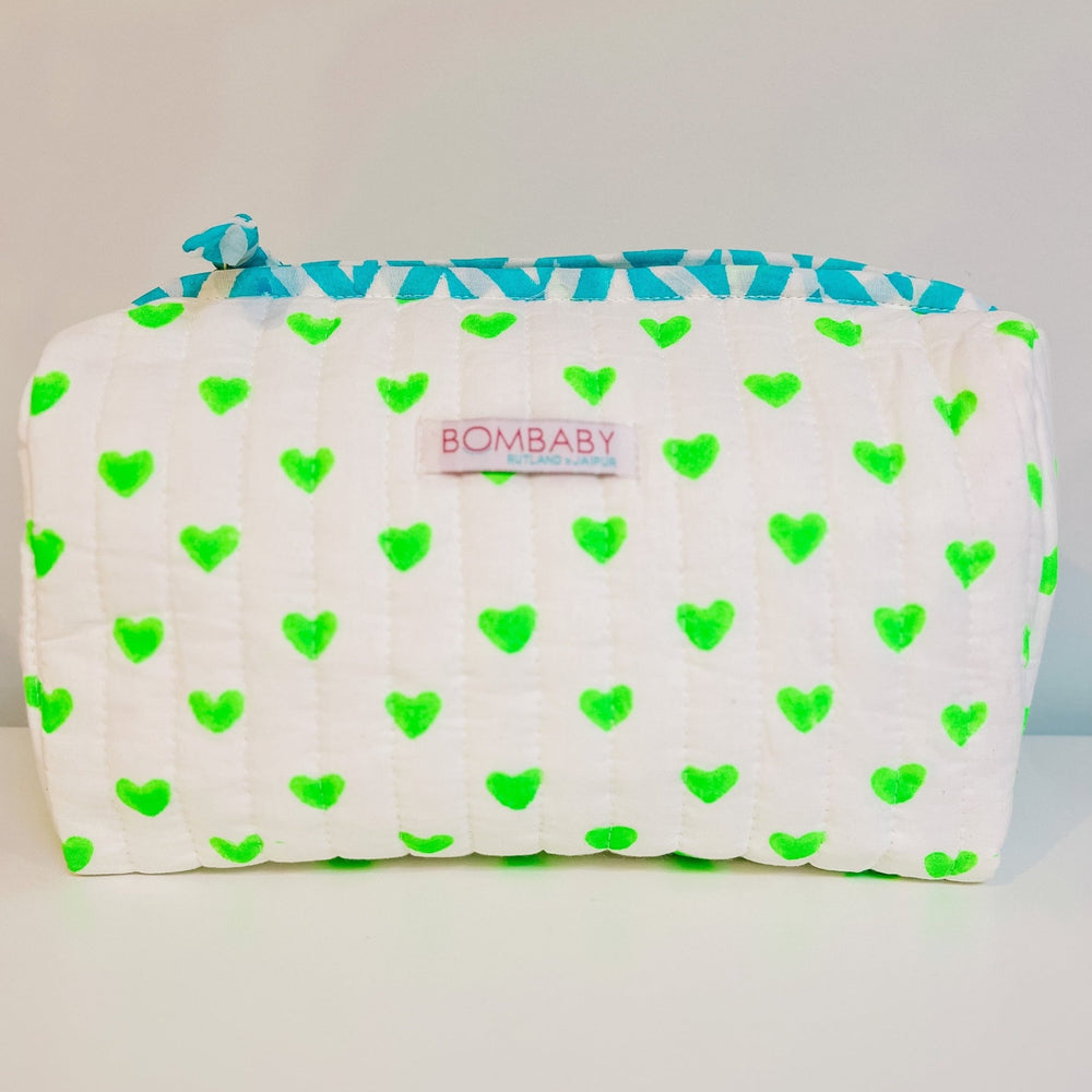 Handmade Block Print Quilted Wash Bag | Neon Hearts - Bombaby