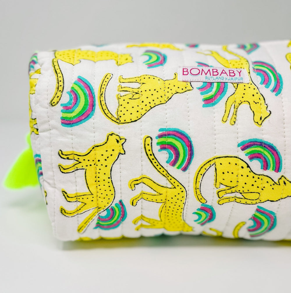 Handmade Block Print Quilted Wash Bag - Neon Rainbow Leopard - Bombaby